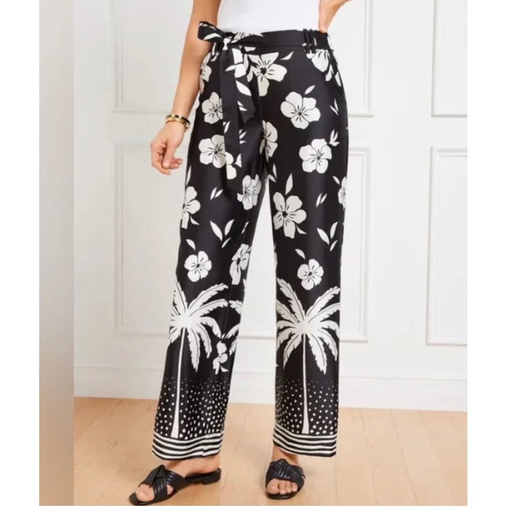 Talbots Tie Waist Wide Leg Pants - Palm Beach Border Satin Fabric size Small
